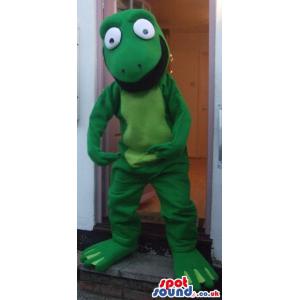 Little frog mascot in green with a happy face and waving hand -