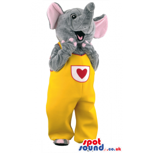 Grey Elephant Animal Mascot With Yellow Overalls And Heart -