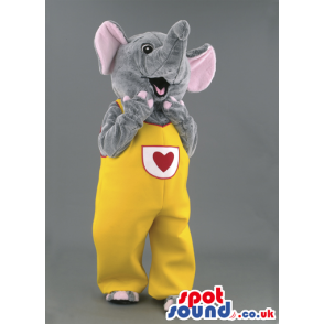 Grey Elephant Animal Mascot With Yellow Overalls And Heart -