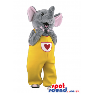 Grey Elephant Animal Mascot With Yellow Overalls And Heart -