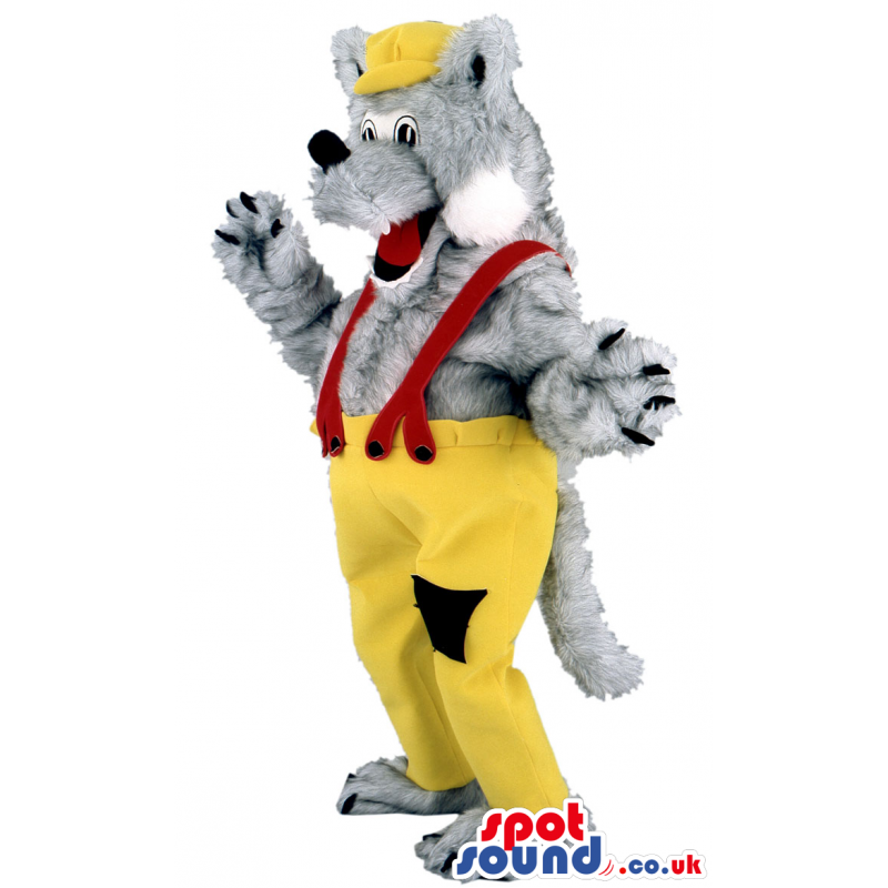 Grey Wolf Animal Mascot With Yellow Pants And Suspenders -