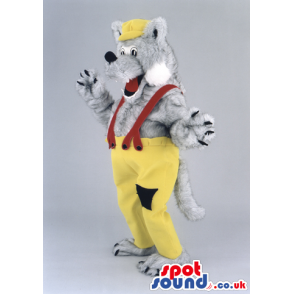 Grey Wolf Animal Mascot With Yellow Pants And Suspenders -