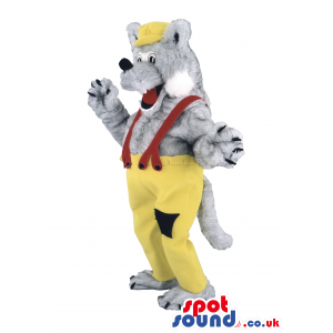 Grey Wolf Animal Mascot With Yellow Pants And Suspenders -