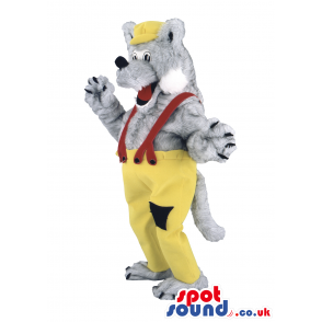 Grey Wolf Animal Mascot With Yellow Pants And Suspenders -