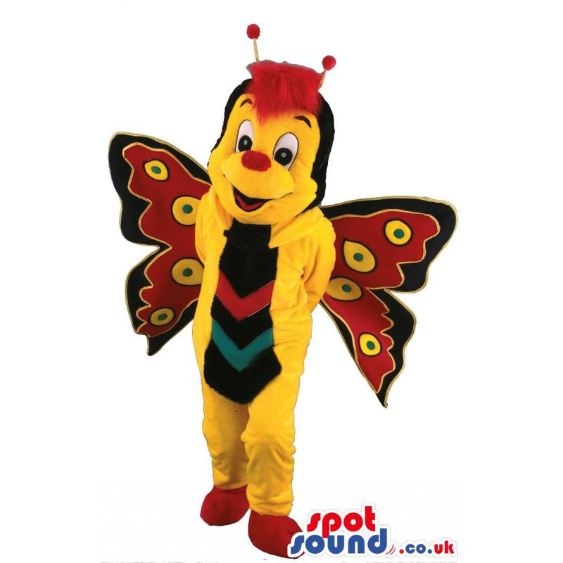 Butterfly mascot with yellow cloth and in multi colour wings -