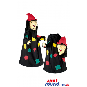 Witch Mascot With Black Dress And Extractable Head With Red Hat