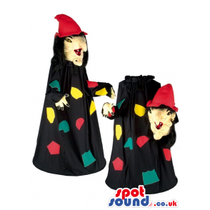 Witch Mascot With Black Dress And Extractable Head With Red Hat