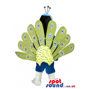 Peacock Bird Mascot With Amazing Feathers And Blue Body -