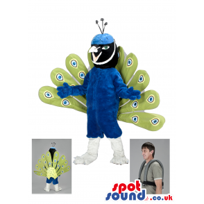 Peacock Bird Mascot With Amazing Feathers And Blue Body -