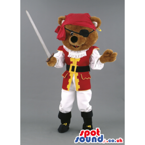 Bear Mascot With Pirate Disguise With An Eye-Patch And A Sword