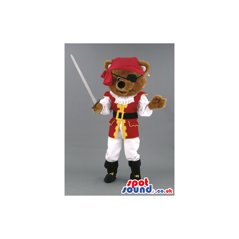 Bear Mascot With Pirate Disguise With An Eye-Patch And A Sword