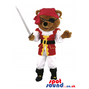 Bear Mascot With Pirate Disguise With An Eye-Patch And A Sword