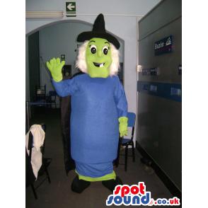 Witch woman mascot with blue dress and a black pointed hat -