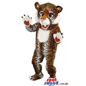 Tiger mascot with green eyes his paws showing and dancing -