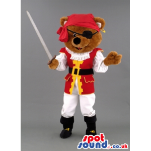 Bear Mascot With Pirate Disguise With An Eye-Patch And A Sword