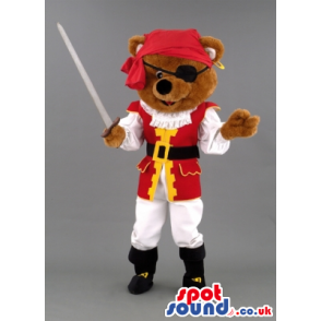 Bear Mascot With Pirate Disguise With An Eye-Patch And A Sword