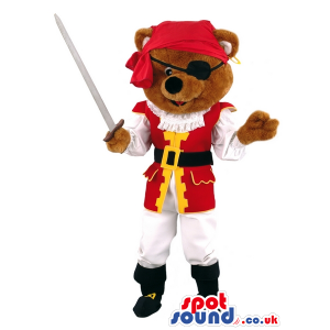 Bear Mascot With Pirate Disguise With An Eye-Patch And A Sword