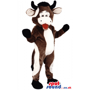 Brown And White Cow Animal Mascot With Horns And Long Tail -