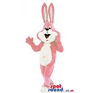 Pink And White Rabbit Animal Mascot With Pink Belly Button -