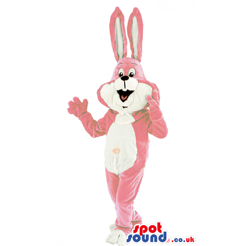 Pink And White Rabbit Animal Mascot With Pink Belly Button -