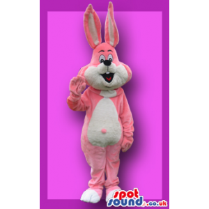 Pink And White Rabbit Animal Mascot With Pink Belly Button -