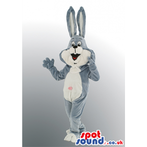 Grey And White Rabbit Animal Mascot With Pink Belly Button -