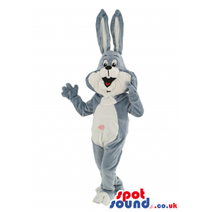 Grey And White Rabbit Animal Mascot With Pink Belly Button -