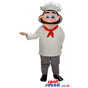 Human Chef Mascot With Red Ribbon And Black Mustache - Custom