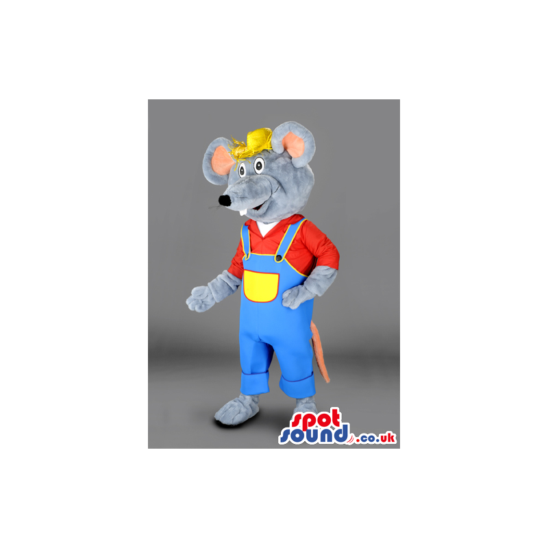 Grey Mouse Animal Mascot With Farmer Clothes And Hat - Custom