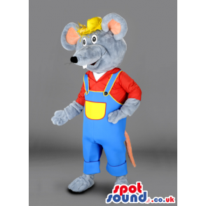 Grey Mouse Animal Mascot With Farmer Clothes And Hat - Custom