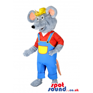 Grey Mouse Animal Mascot With Farmer Clothes And Hat - Custom