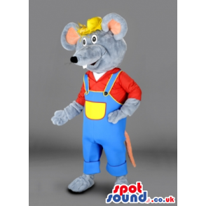 Grey Mouse Animal Mascot With Farmer Clothes And Hat - Custom
