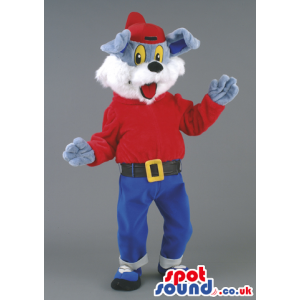 Grey And White Cat Animal Mascot With Red And Blue Clothes -