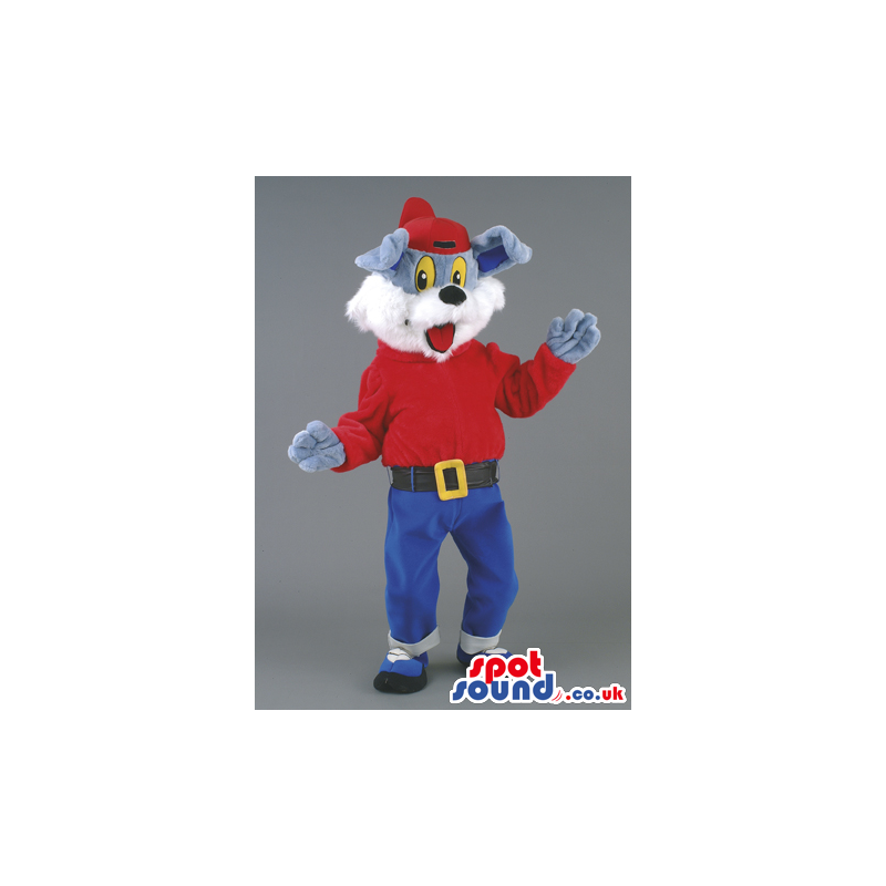 Grey And White Cat Animal Mascot With Red And Blue Clothes -