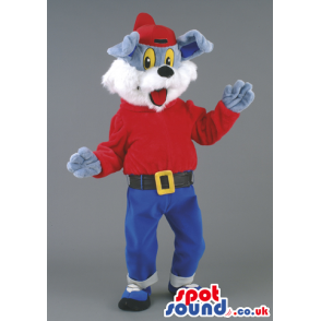 Grey And White Cat Animal Mascot With Red And Blue Clothes -