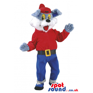 Grey And White Cat Animal Mascot With Red And Blue Clothes -
