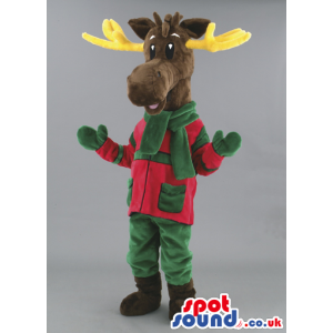 Brown Reindeer Animal Mascot With Winter Green And Red Clothes