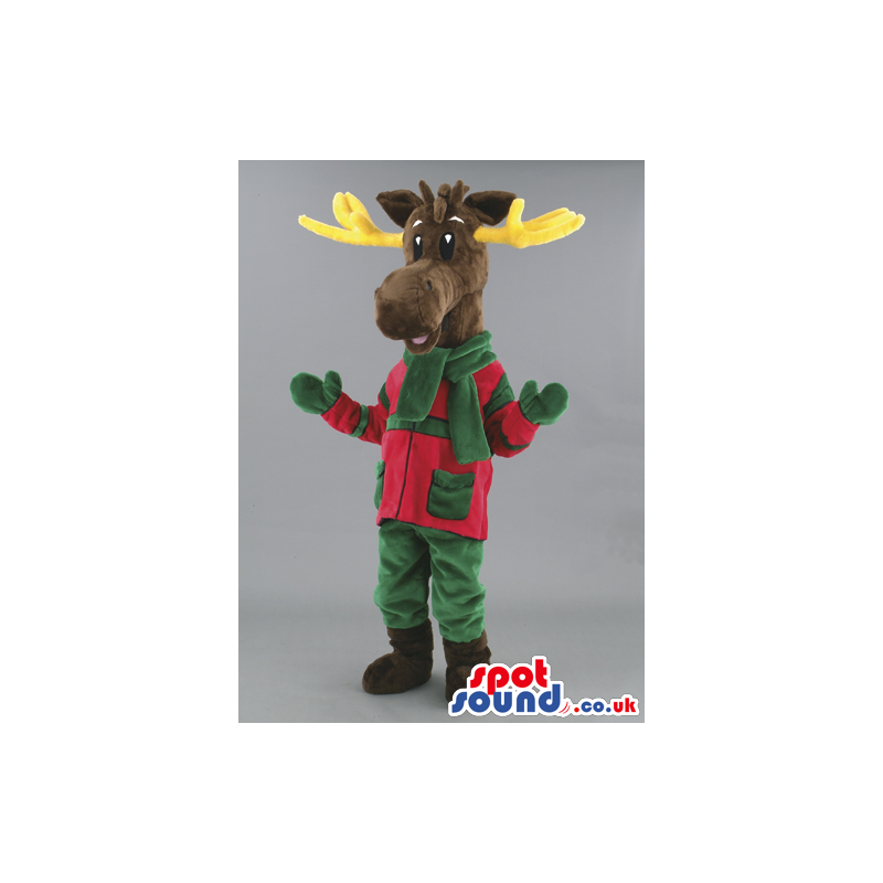 Brown Reindeer Animal Mascot With Winter Green And Red Clothes