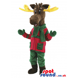 Brown Reindeer Animal Mascot With Winter Green And Red Clothes