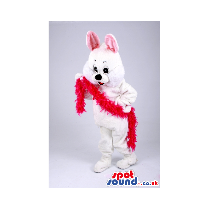 White Easter Bunny Animal Mascot With Red Feather Boa - Custom