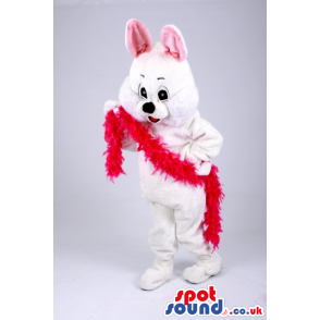White Easter Bunny Animal Mascot With Red Feather Boa - Custom