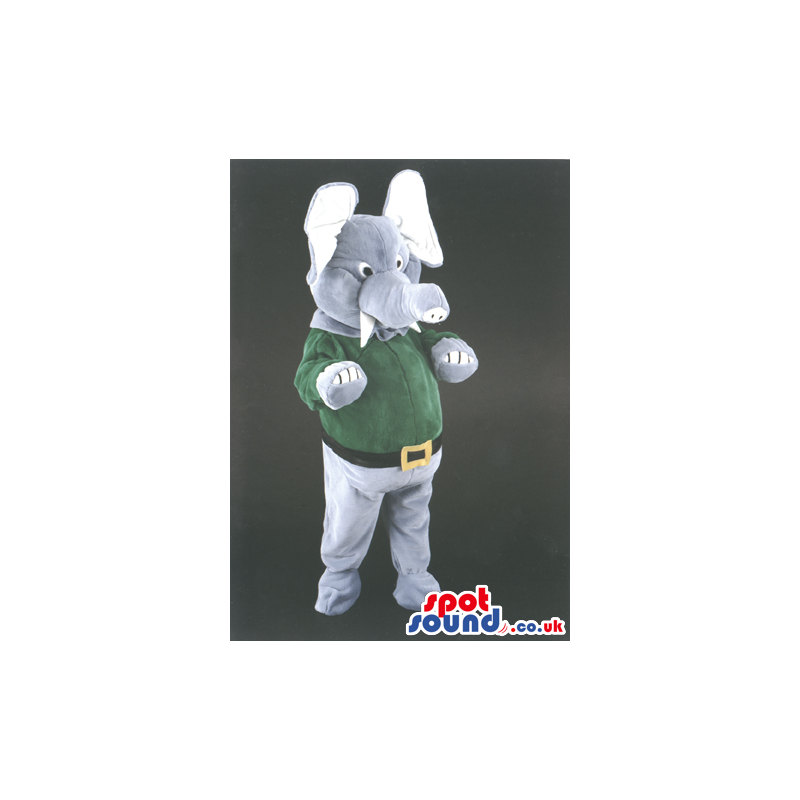 Grey Elephant Animal Mascot With Green Shirt And Belt - Custom