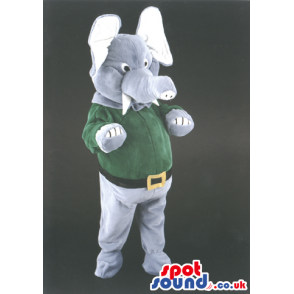 Grey Elephant Animal Mascot With Green Shirt And Belt - Custom