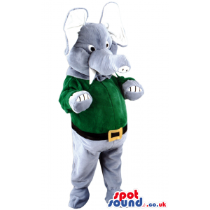 Grey Elephant Animal Mascot With Green Shirt And Belt - Custom