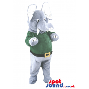 Grey Elephant Animal Mascot With Green Shirt And Belt - Custom