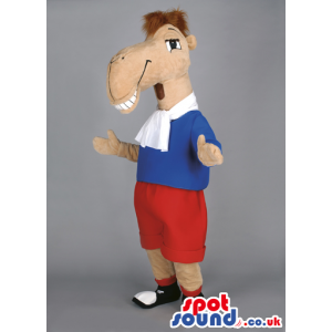 Comical Horse Mascot With Blue And Red Clothing And Shoes -