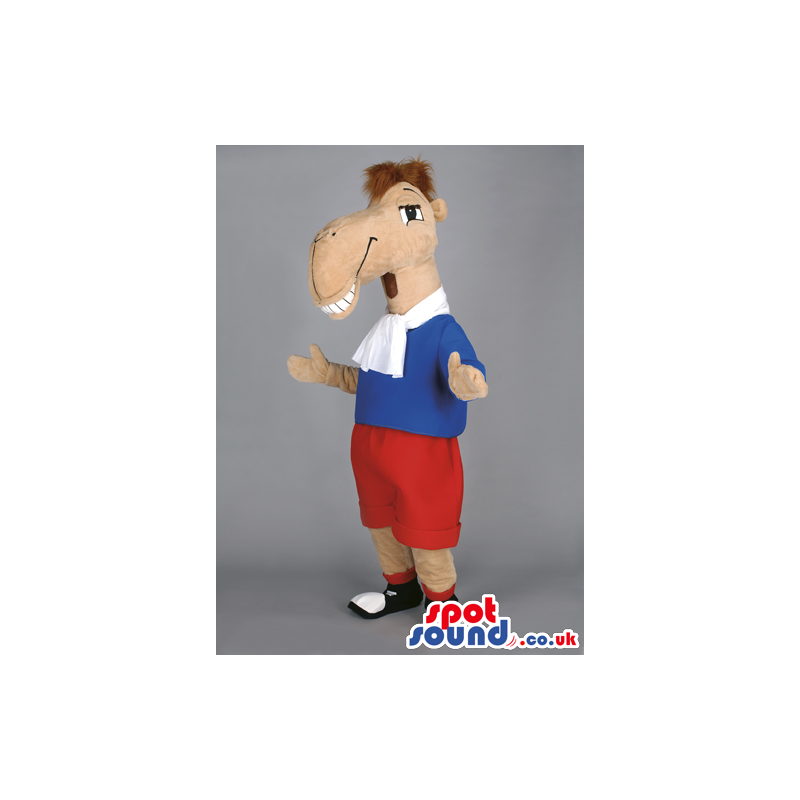 Comical Horse Mascot With Blue And Red Clothing And Shoes -