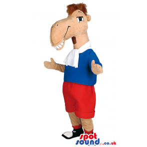 Comical Horse Mascot With Blue And Red Clothing And Shoes -