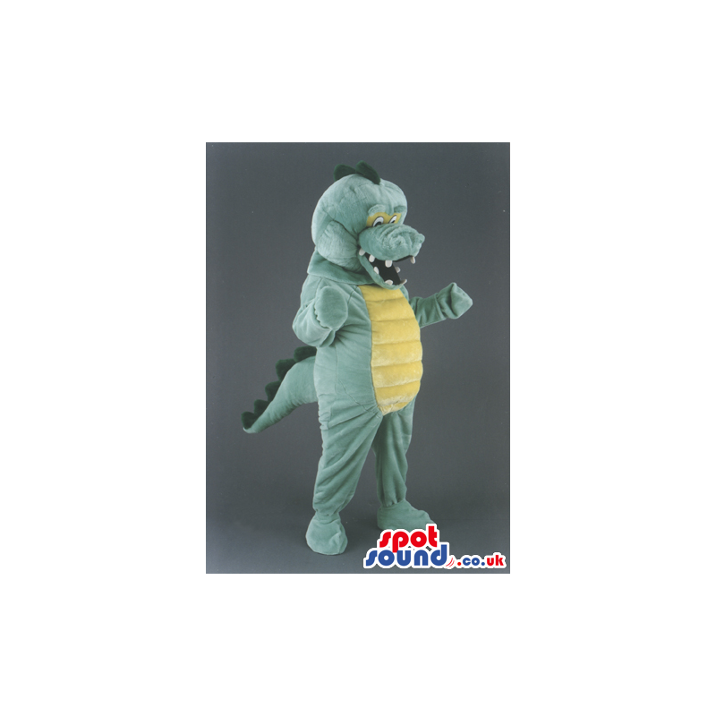 Green Alligator Animal Mascot With Yellow Belly And Teeth -