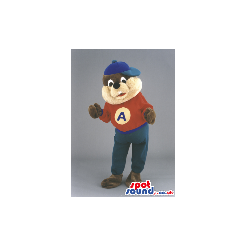 Chipmunk Animal Mascot With Red Sweater And Blue Pants And A